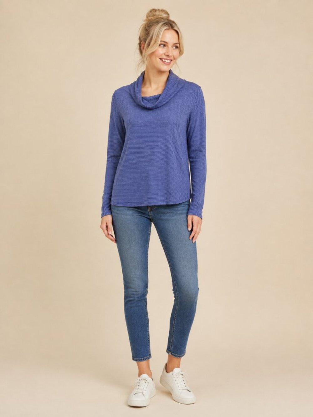2/$30 Chico's Subtle Stripe Textured Cowl Neck Sweater Periwinkle #A4205